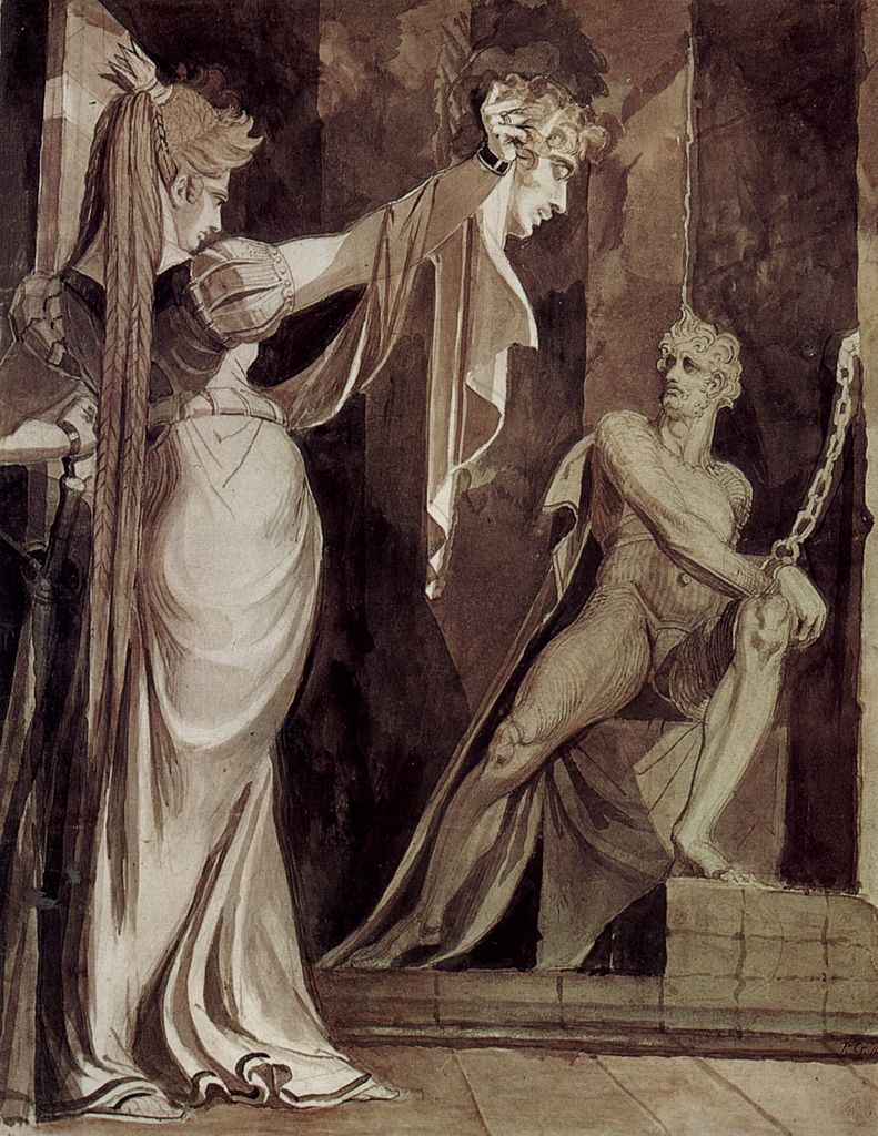 Kriemhild zeigt Hagen das Haupt Gunthers, vintage artwork by Johann Heinrich Füseli, 12x8" (A4) Poster