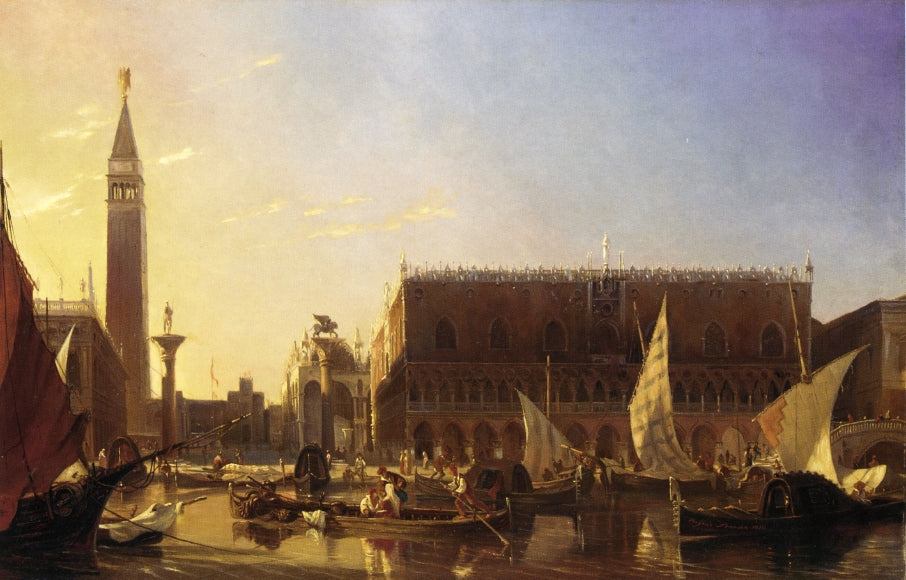 Gondolas on the Grand Canal in front of the Doge's Palace, Venice, vintage artwork by Eugene-Napoleon Flandin, A3 (16x12") Poster Print