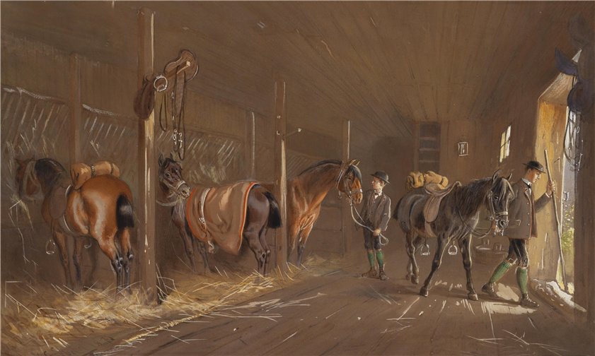 In the Stables, vintage artwork by Carl Goebel, 12x8" (A4) Poster