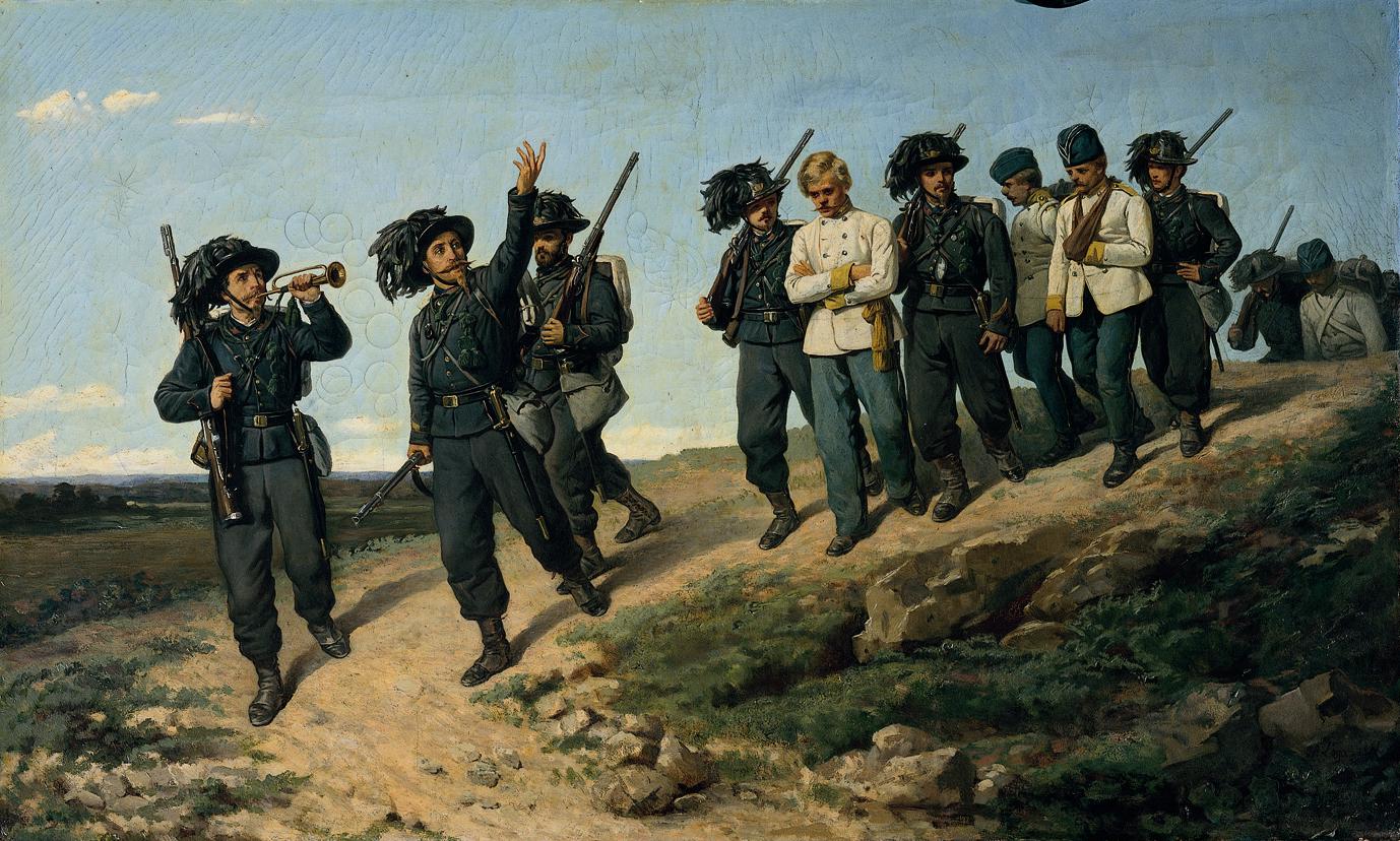 Ritorno di bersaglieri italiani da una ricognizione, vintage artwork by Silvestro Lega, 12x8" (A4) Poster