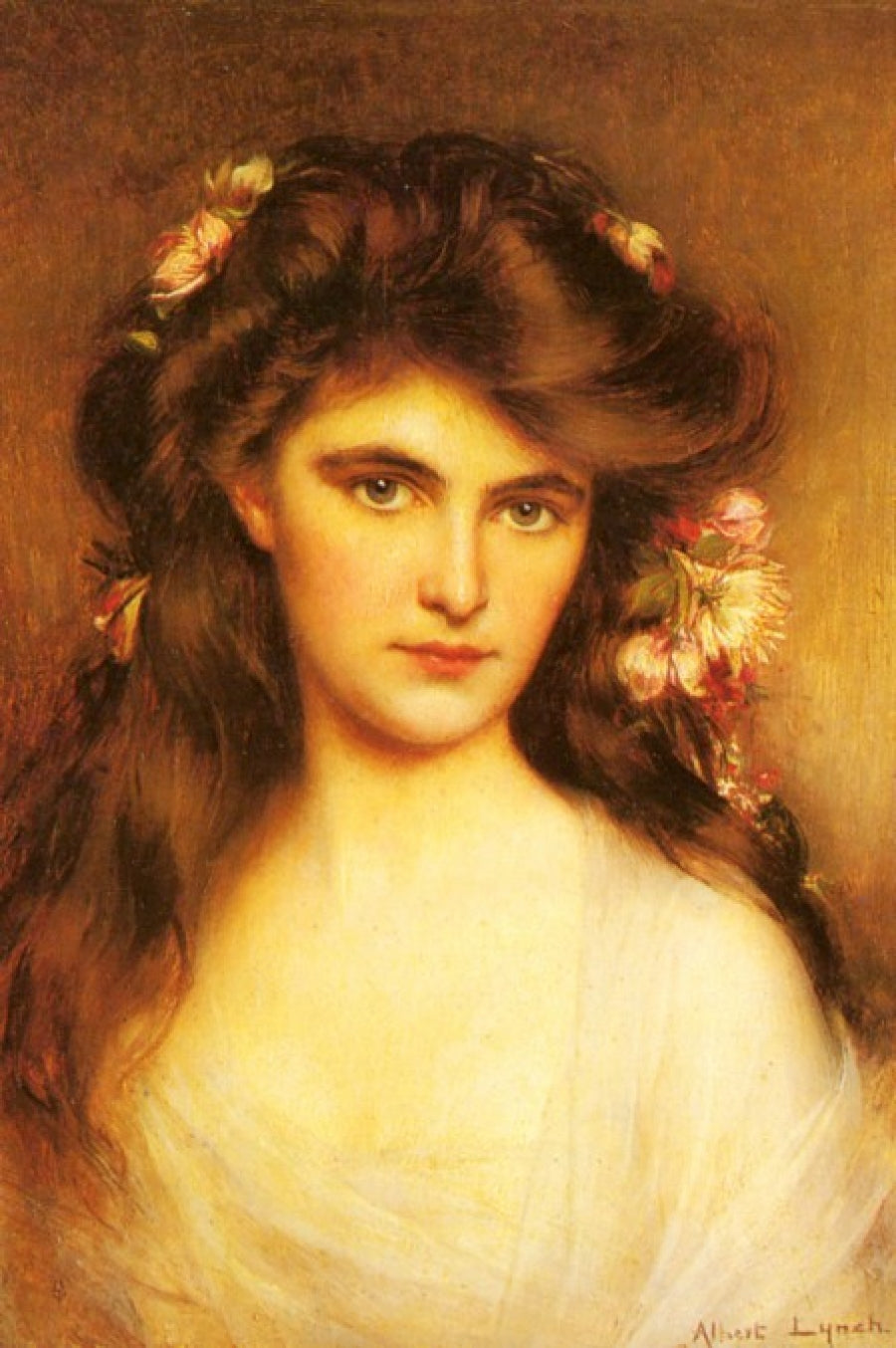 A Young Beauty with Flowers in her Hair, vintage artwork by Albert Lynch, 12x8" (A4) Poster