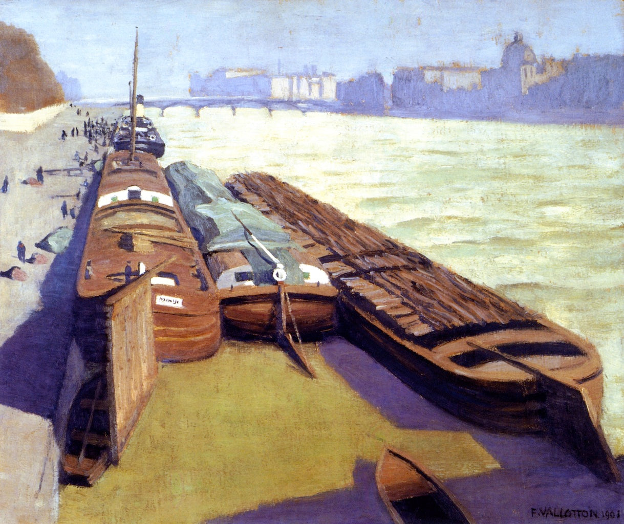 Barges, Banks of the Seine, vintage artwork by Felix Vallotton, 12x8" (A4) Poster