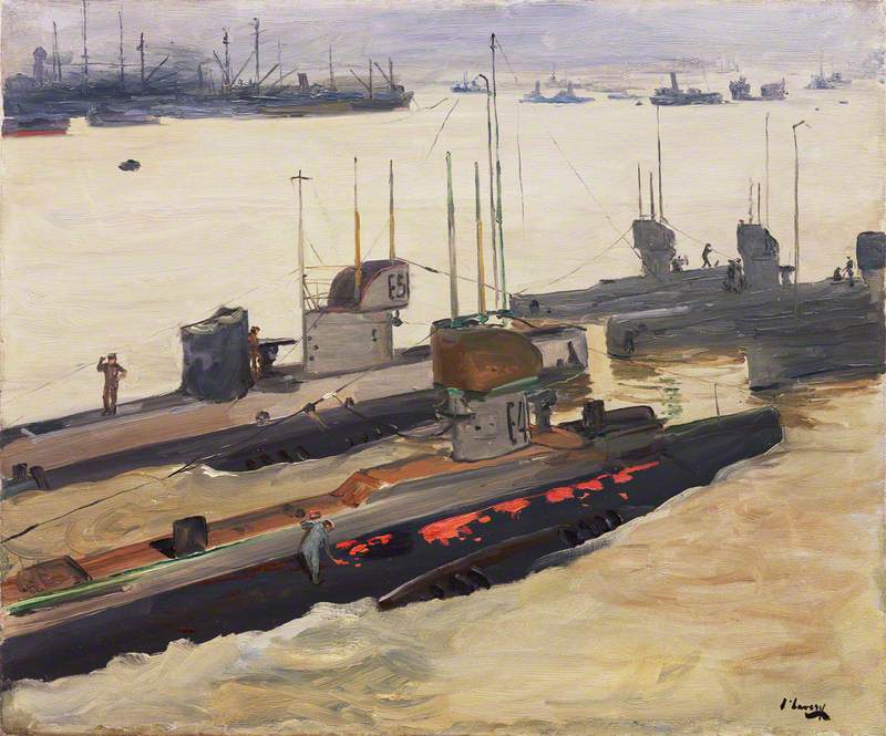 British Mine-Laying Submarines, Harwich, vintage artwork by Sir John Lavery, R.A., 12x8" (A4) Poster