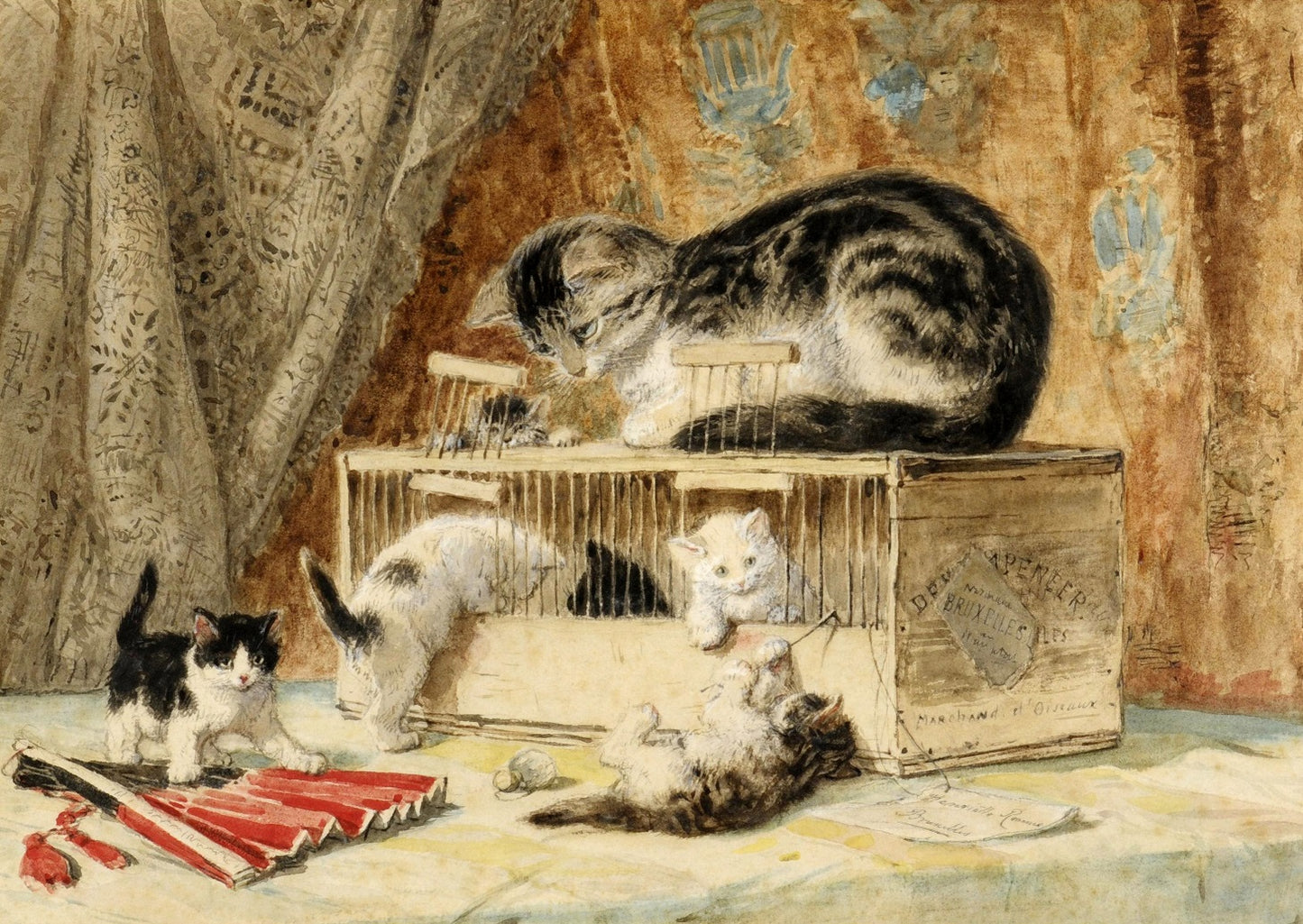 A Cat and Her Kittens Playing with a Mousetrap, vintage artwork by Henriette Ronner-Knip, A3 (16x12") Poster Print