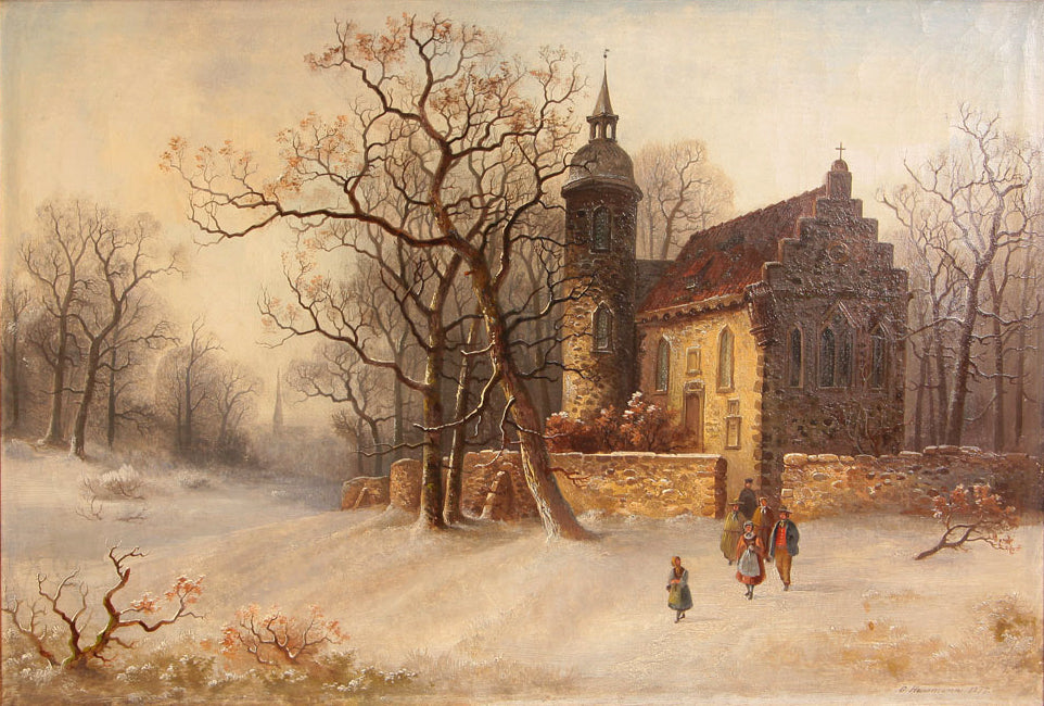 Winter Landscape with Church, vintage artwork by Gustav Hausmann, 12x8" (A4) Poster