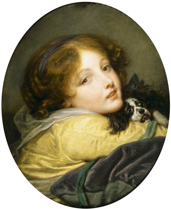 Bust of a Girl Holding a Spaniel, vintage artwork by Jean-Baptiste Greuze, 12x8" (A4) Poster