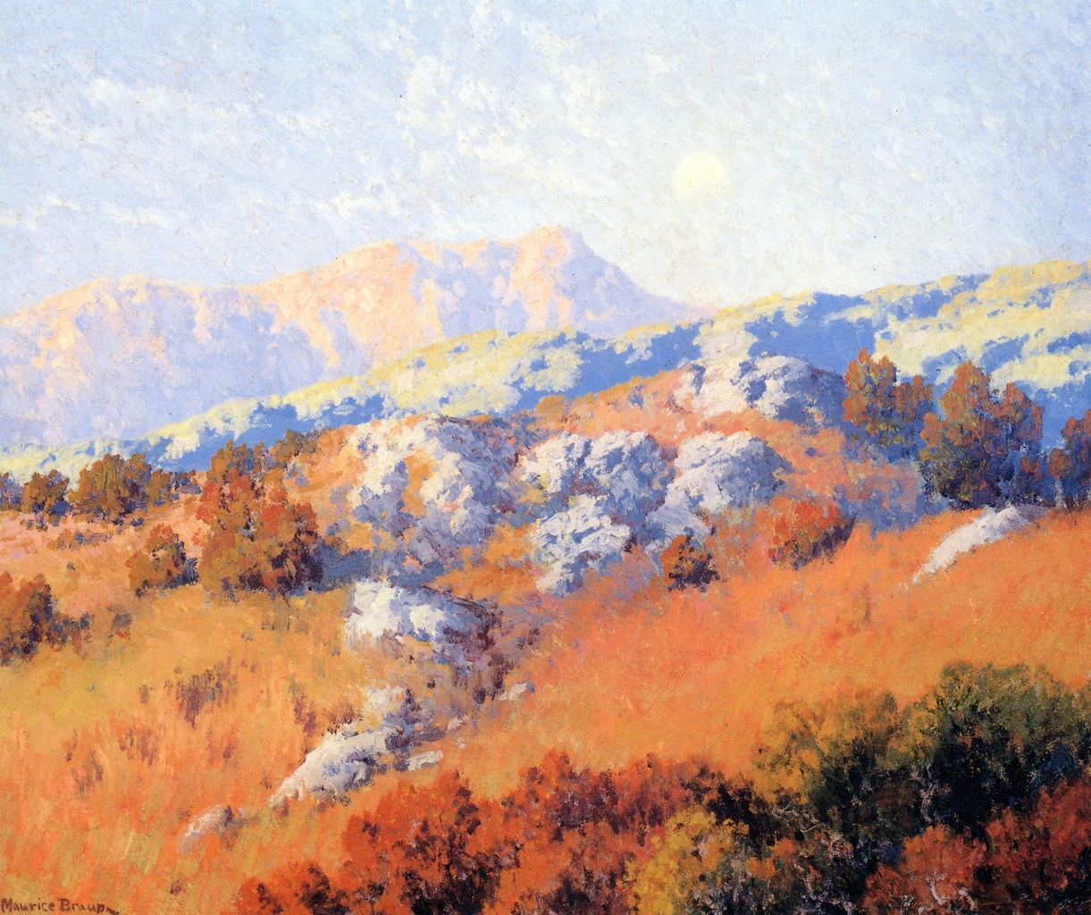 Summer Moon over El Capitan Mountain, vintage artwork by Maurice Braun, 12x8" (A4) Poster