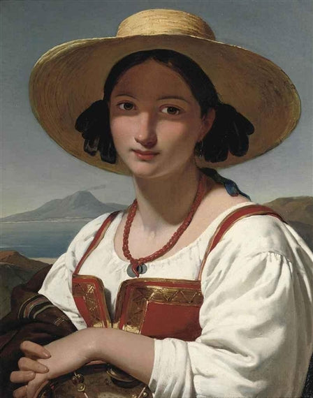 Portrait of a Neapolitan Girl with Vesuvius in the Distance, vintage artwork by Jan Adam Kruseman, A3 (16x12") Poster Print