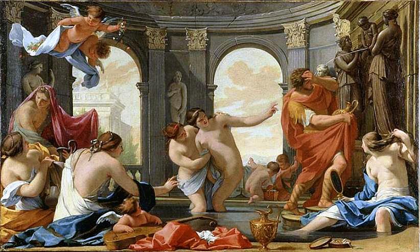 Hypnerotomachia Poliphili, Polyphilus in the Bath of the Nymphs, vintage artwork by Eustache Le Sueur, 12x8" (A4) Poster