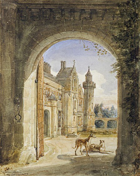 The Facade of Abbotsford, seen through the Entrance Gate, vintage artwork by Sir William Allan, 12x8" (A4) Poster