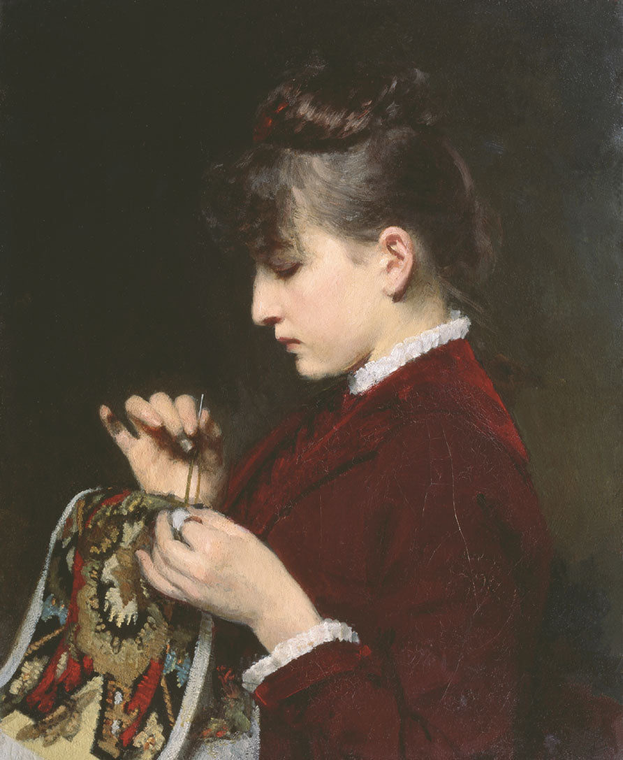 Woman Embroidering, vintage artwork by Yuri Leman, 12x8" (A4) Poster