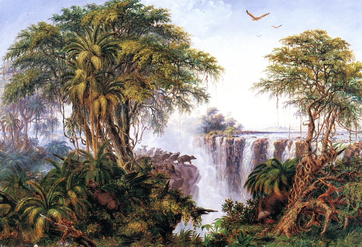 Herd of Buffalo opposite Garden Island, Victoria Falls, vintage artwork by Thomas Baines, A3 (16x12") Poster Print