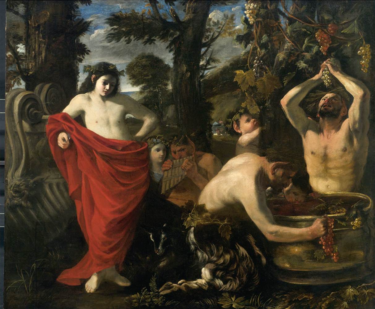 Bacchus Overseeing the Crushing of Grapes by His Satyrs, vintage artwork by Attributed to Pier Francesco Mola, 12x8" (A4) Poster