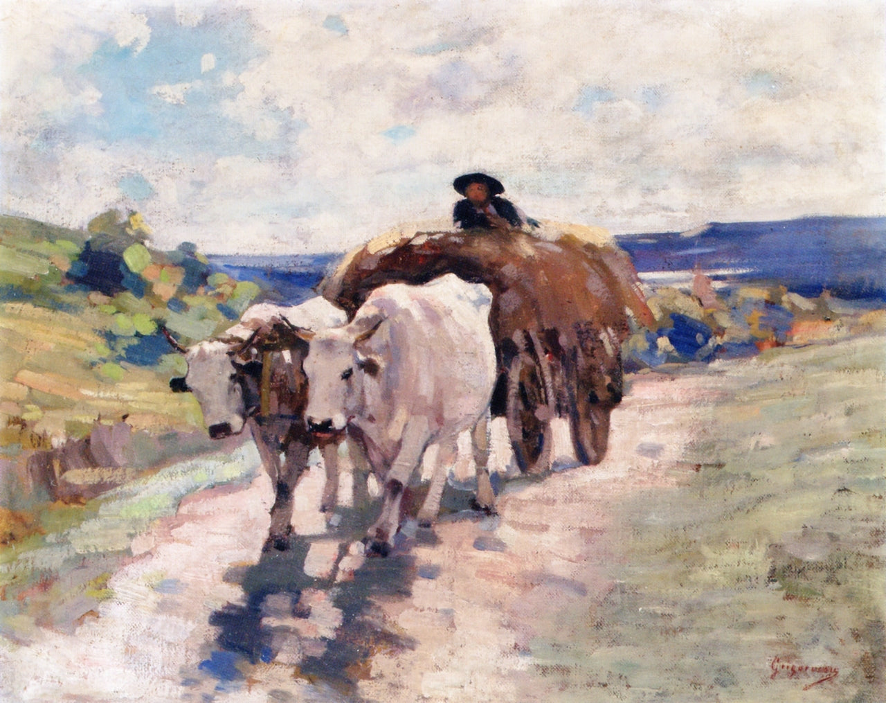 Hay Cart with Oxen, vintage artwork by Nicolae Grigorescu, 12x8" (A4) Poster
