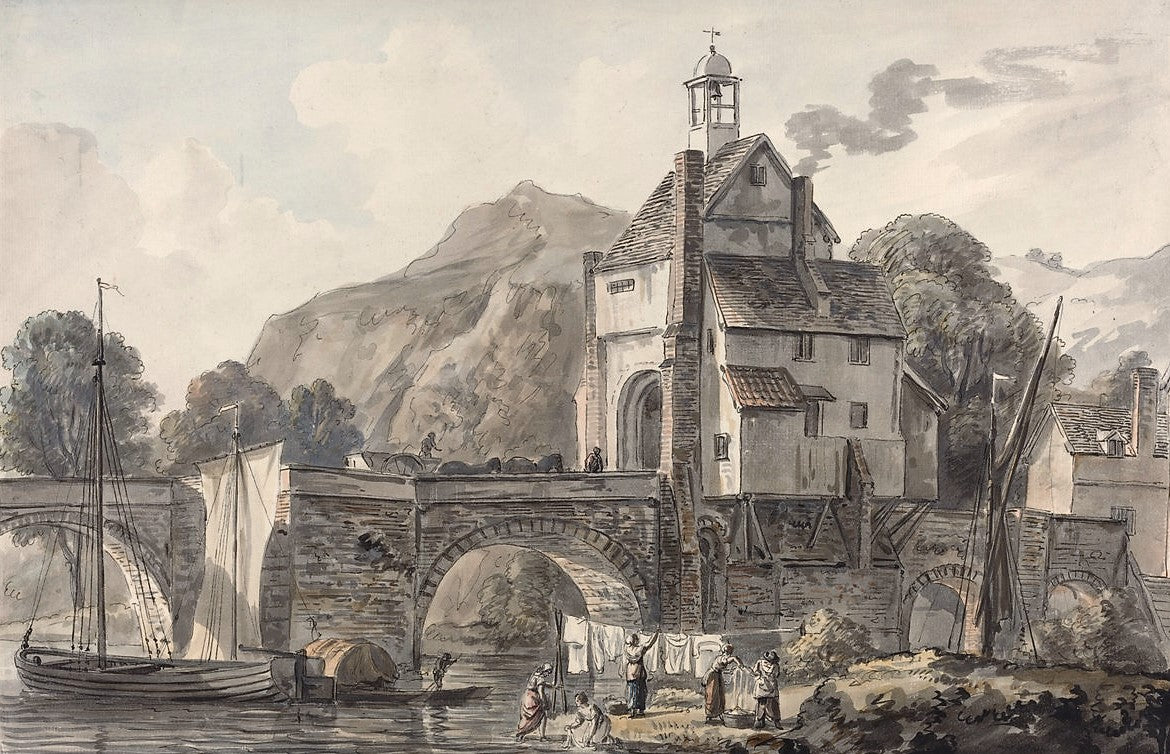 The Bridge at Bridgnorth in Shropshire, vintage artwork by Paul Sandby , R.A., 12x8" (A4) Poster