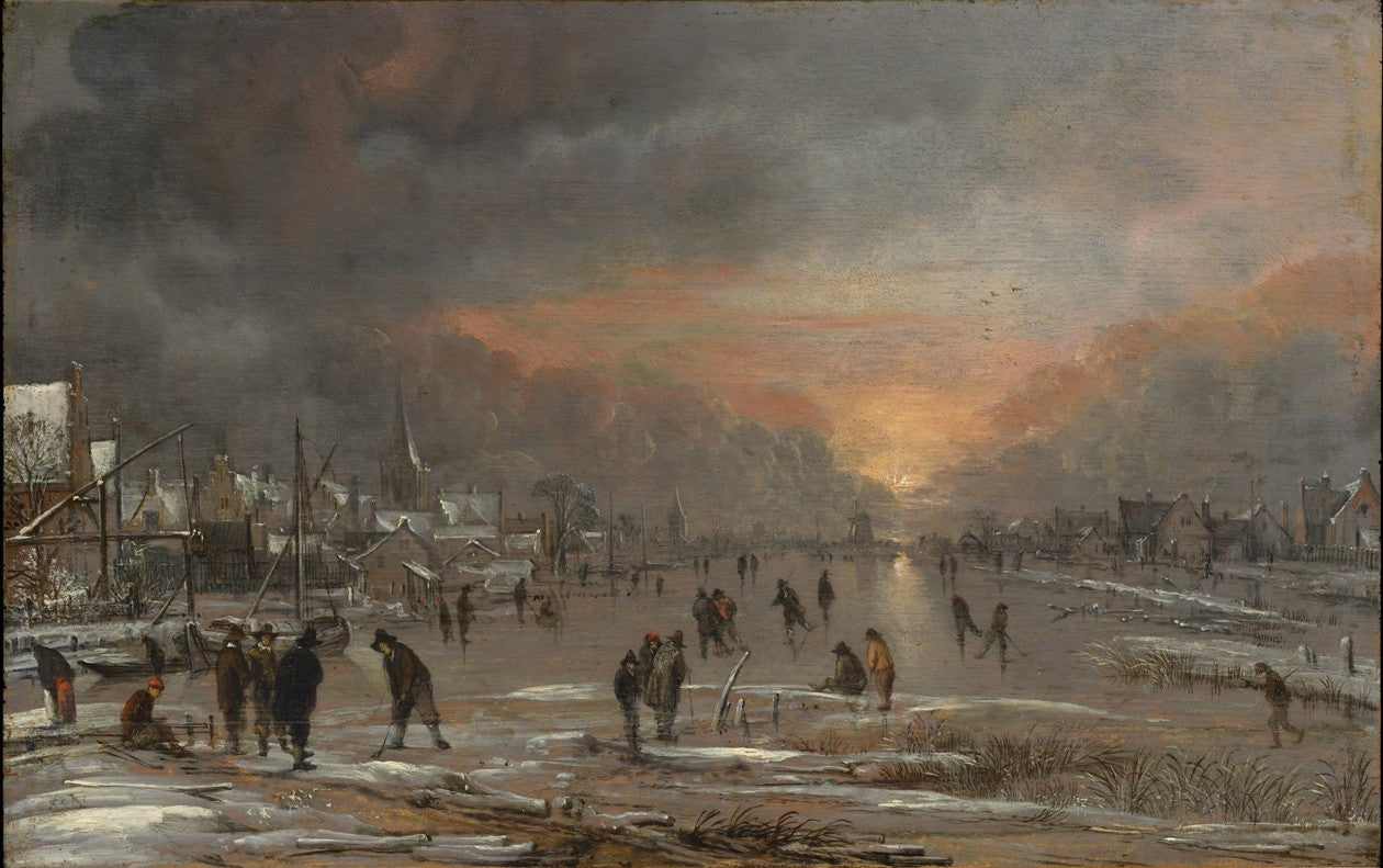 Sports on a Frozen River, vintage artwork by Aert van der Neer, 12x8" (A4) Poster