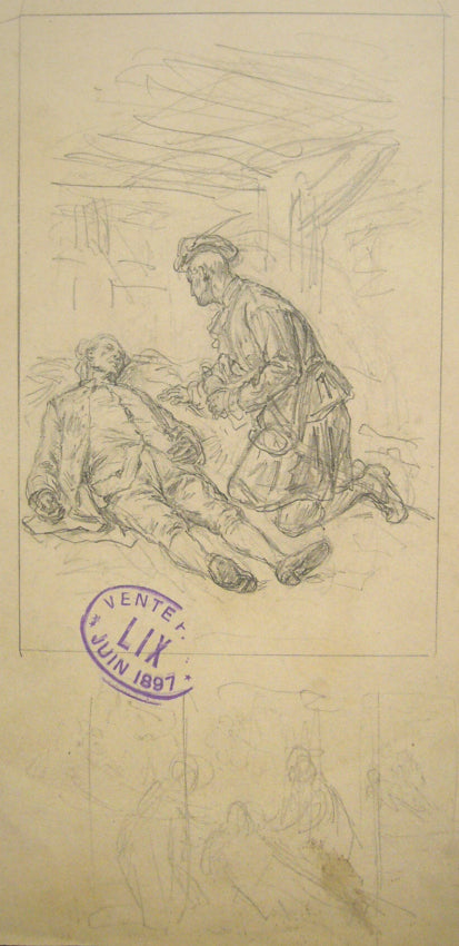Sketch: Scene with a dead man (for a Scottish story), vintage artwork by Frederic Theodore Lix, 12x8" (A4) Poster