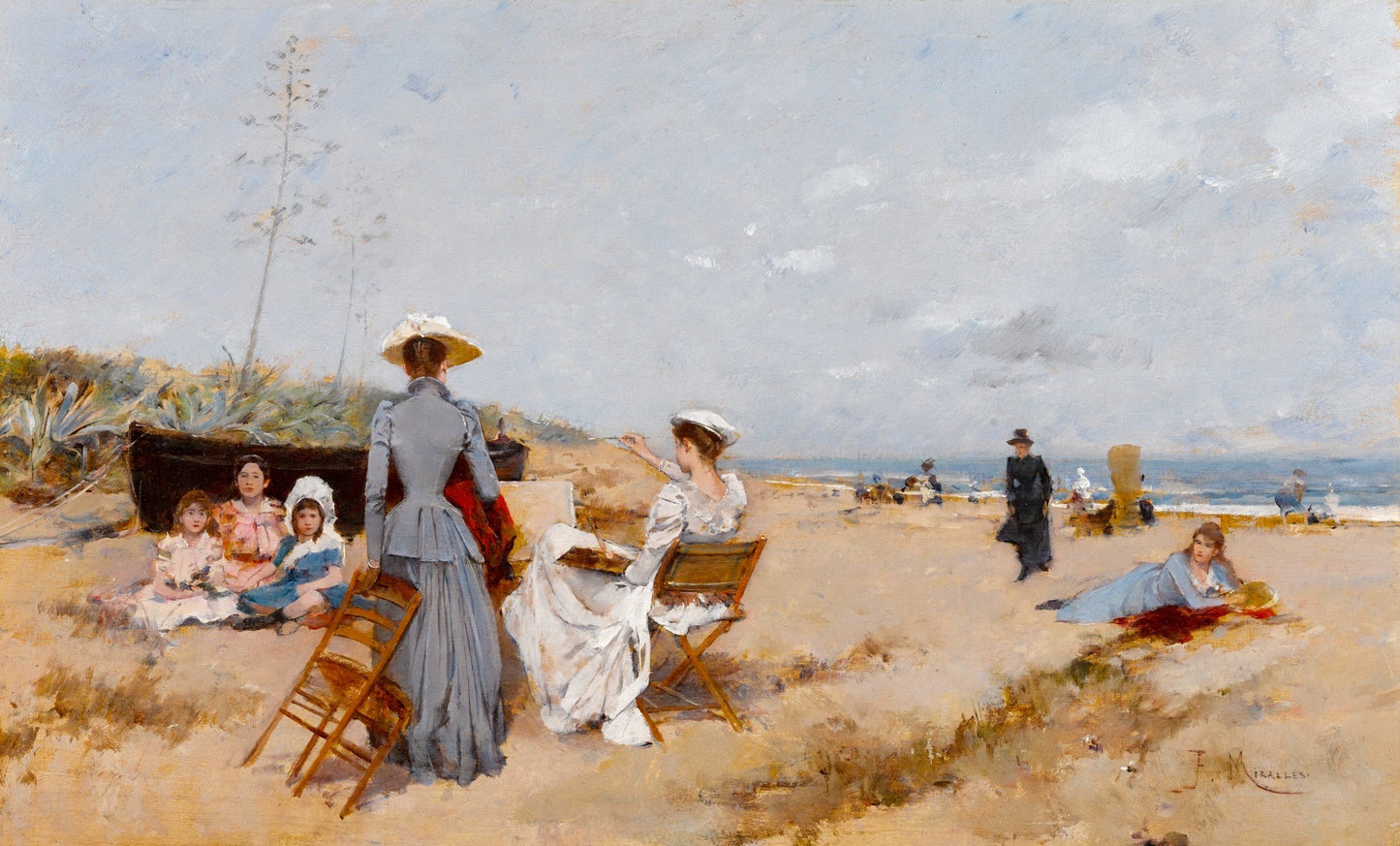 Painting on the Beach, vintage artwork by Francisco Miralles Y Gallup, 12x8" (A4) Poster