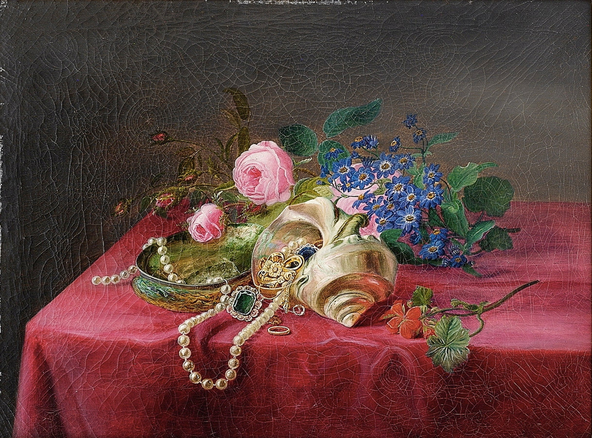Still Life with Flowers, Shells and Jewelry, vintage artwork by Frants Diderik Bøe, A3 (16x12") Poster Print