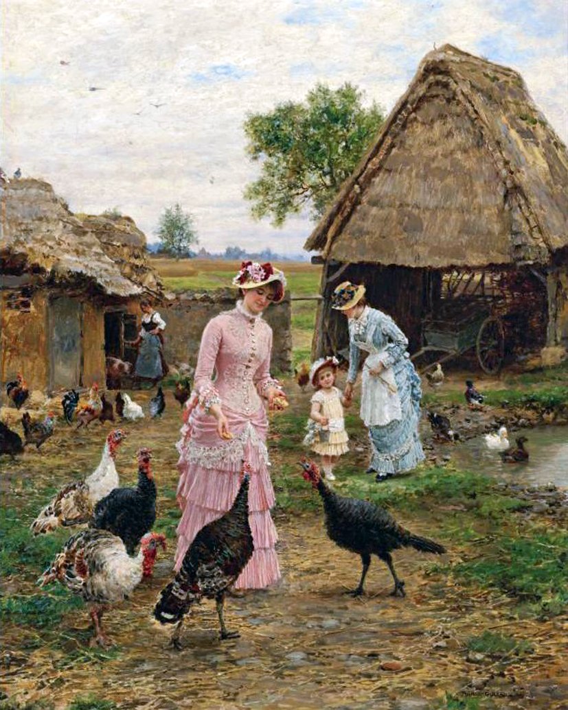 Feeding the Turkeys, vintage artwork by Marie-Francois Firmin-Girard, 12x8" (A4) Poster