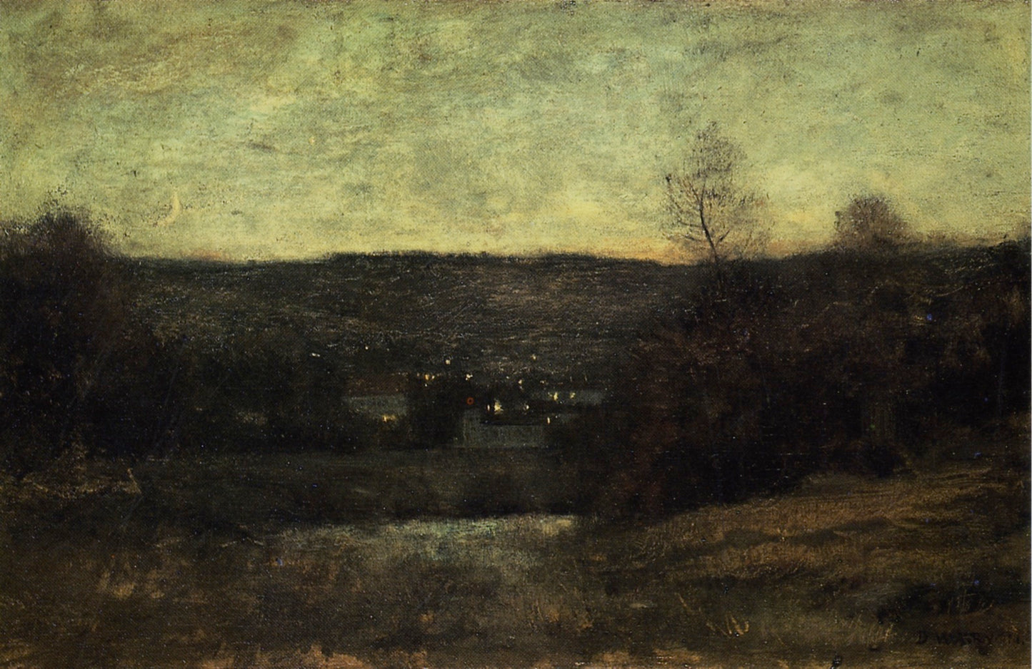 A Lighted Village, vintage artwork by Dwight W. Tryon, 12x8" (A4) Poster