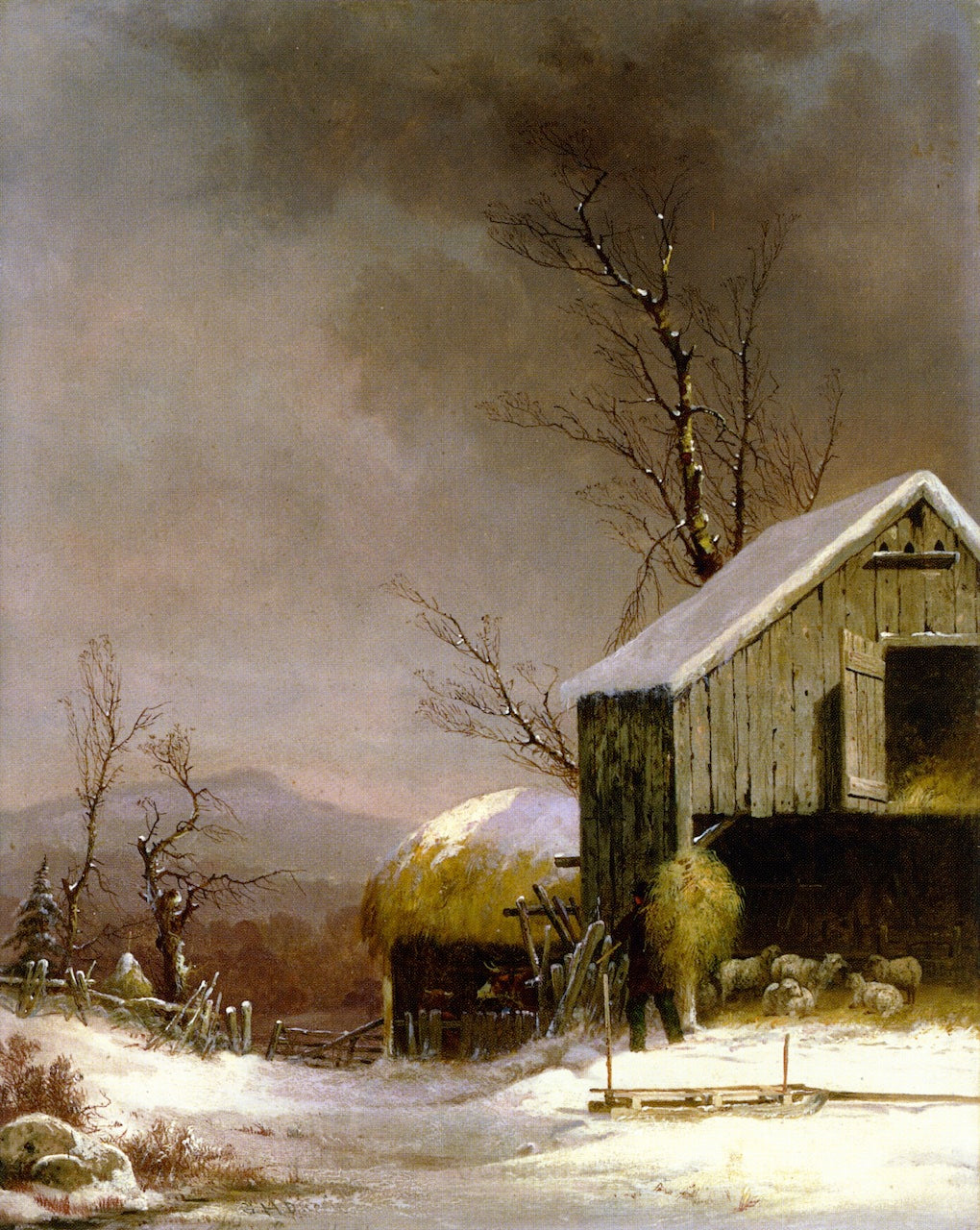 Winter Farm Scene, Connecticut, vintage artwork by George Henry Durrie, A3 (16x12") Poster Print