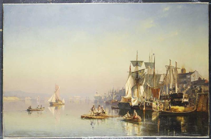 Boats on the River Thames at Greenwich, vintage artwork by Carl Neuman, 12x8" (A4) Poster