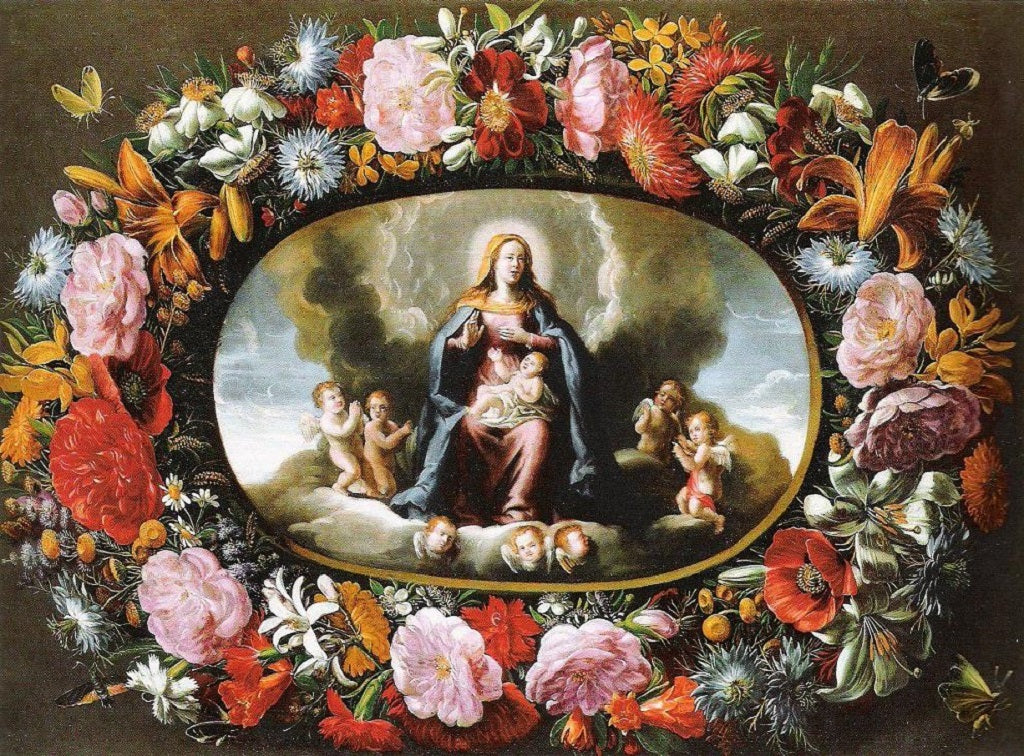Garland with Virgin and Child in Glory, vintage artwork by Juan van der Hamen, 12x8" (A4) Poster