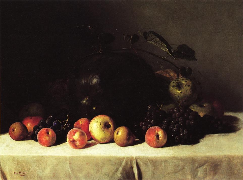 Still Life with Watermelon, Grapes and Apples, vintage artwork by George Hetzel, 12x8" (A4) Poster