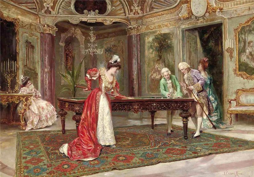 The Game of Billiards, vintage artwork by Lorenzo Cecconi, 12x8" (A4) Poster