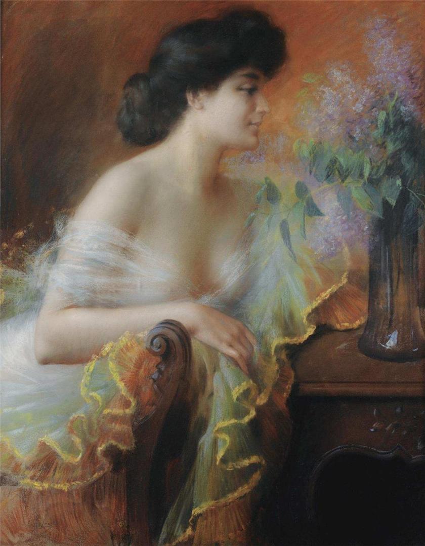 Lady with a Bouquet, vintage artwork by Delphin Enjolras, 12x8" (A4) Poster