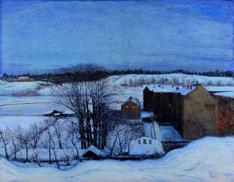 Winter Evening at Roslagstull, Stockholm, vintage artwork by Karl Nordström, 12x8" (A4) Poster