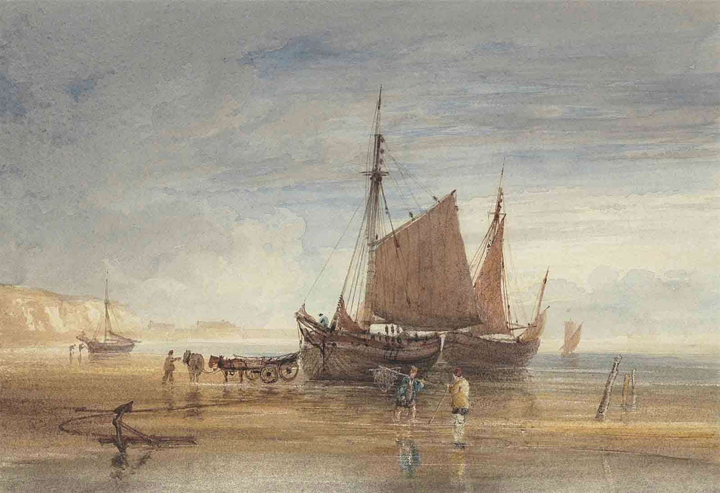 Fishing Boats and Shrimpers on the Shore, Dover, vintage artwork by Anthony Vandyke Copley Fielding, 12x8" (A4) Poster