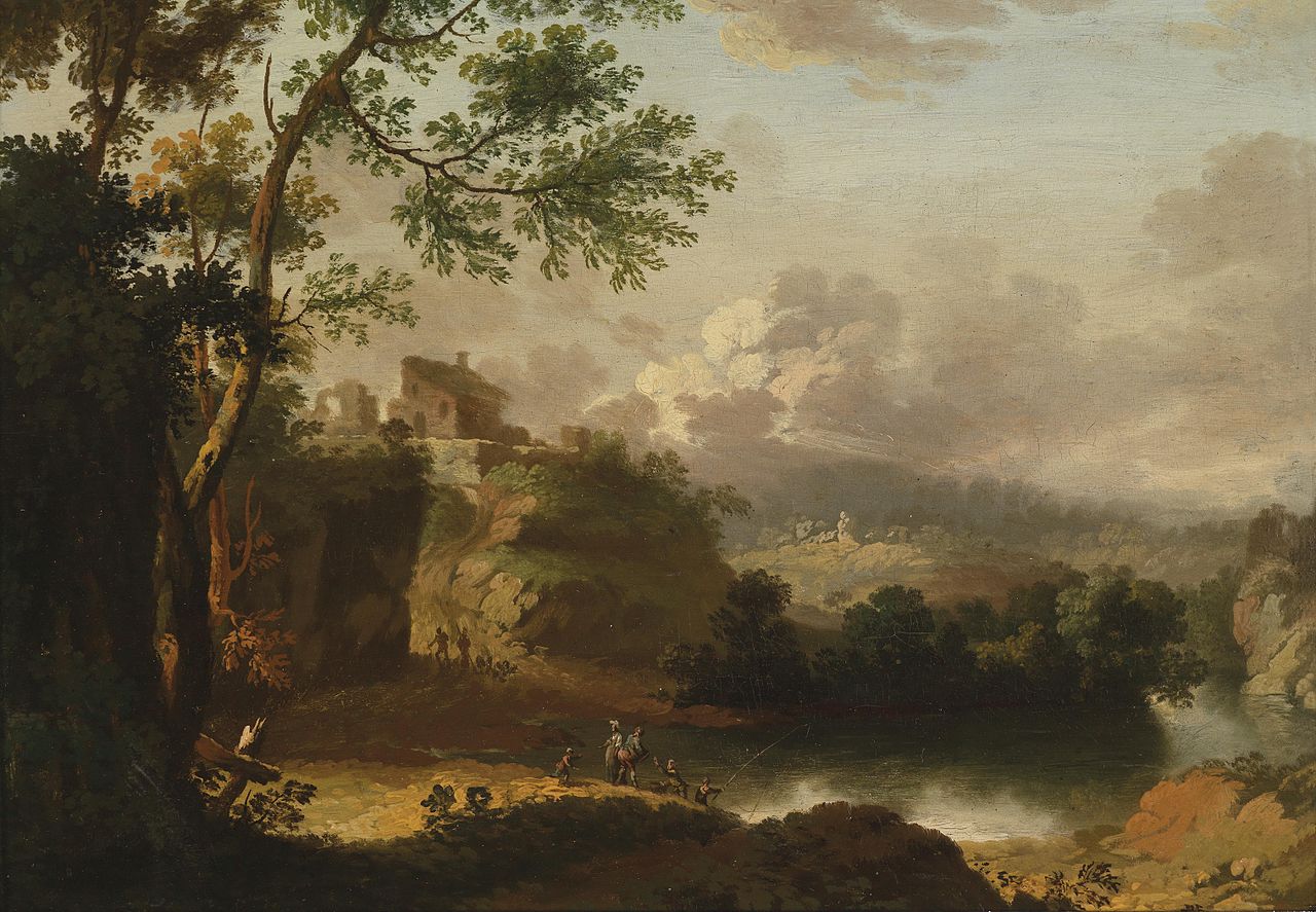 Mountainous Landscape with a River and Figures, vintage artwork by Christian Wilhelm Ernst Dietrich, 12x8" (A4) Poster