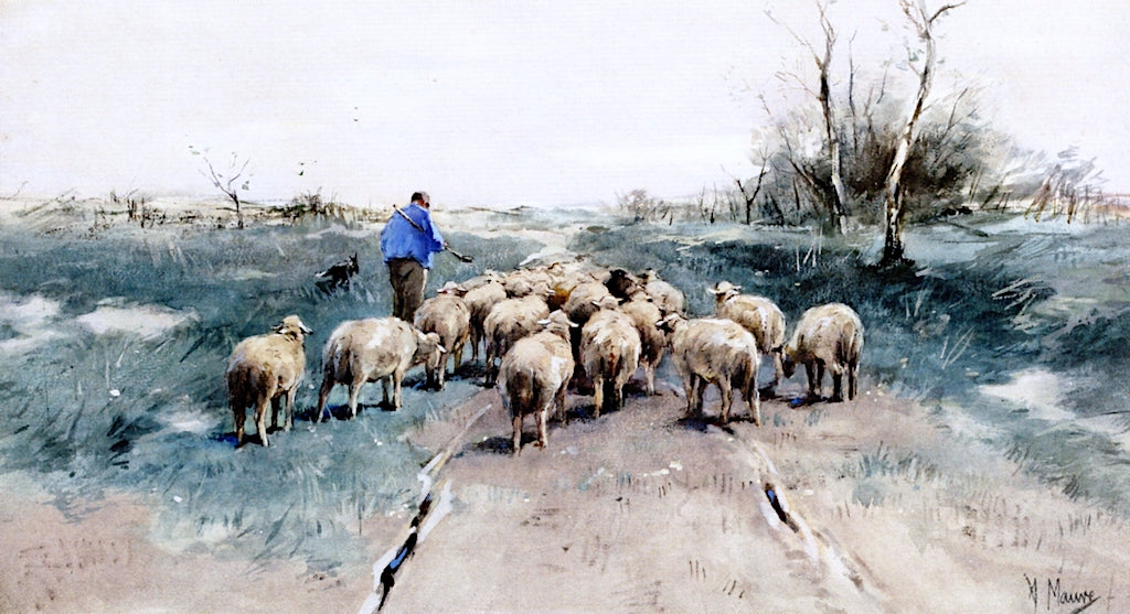 A Shepherd with His Flock on the Heath, vintage artwork by Anton Mauve, 12x8" (A4) Poster