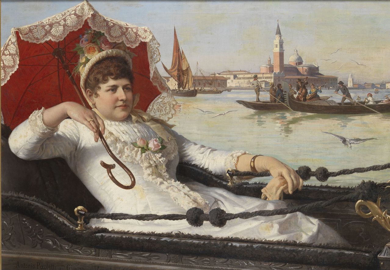 Party in the Gondola, Venice, vintage artwork by Antonio Paoletti, 12x8" (A4) Poster