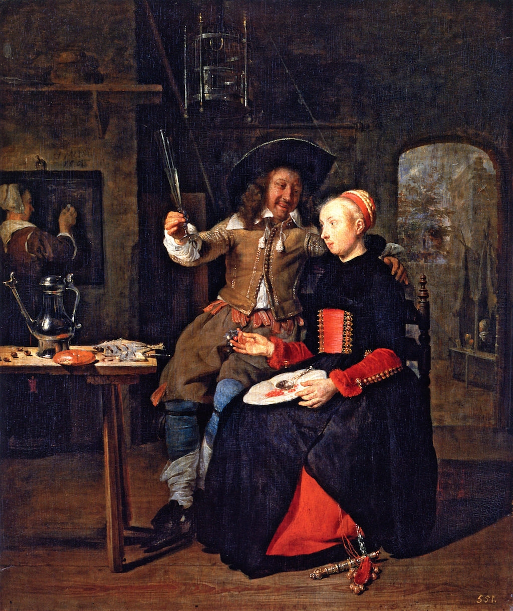 Portrait of the Artist with His Wife Isabella de Wolff in a Tavern, vintage artwork by Gabriël Metsu, 12x8" (A4) Poster