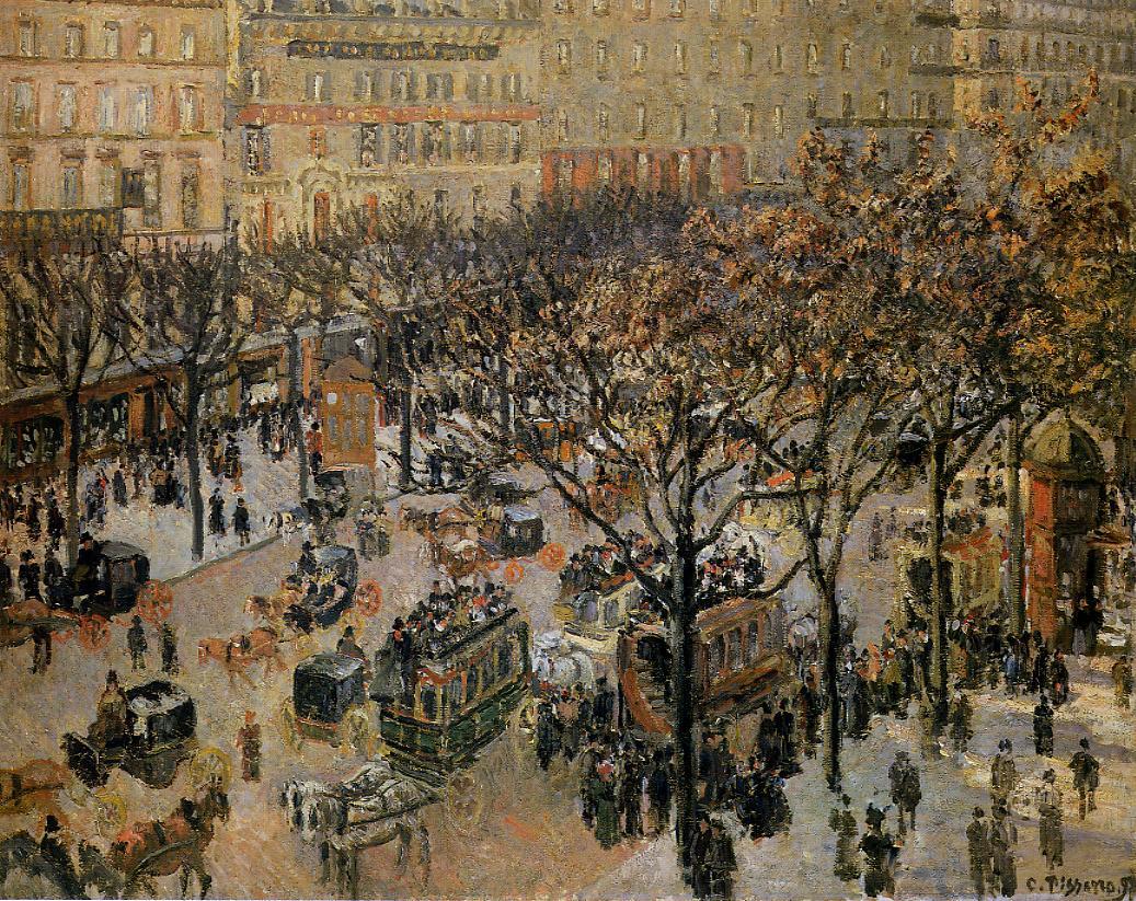 Boulevard des Italiens: Morning, Sunlight, vintage artwork by Camille Pissarro, 12x8" (A4) Poster