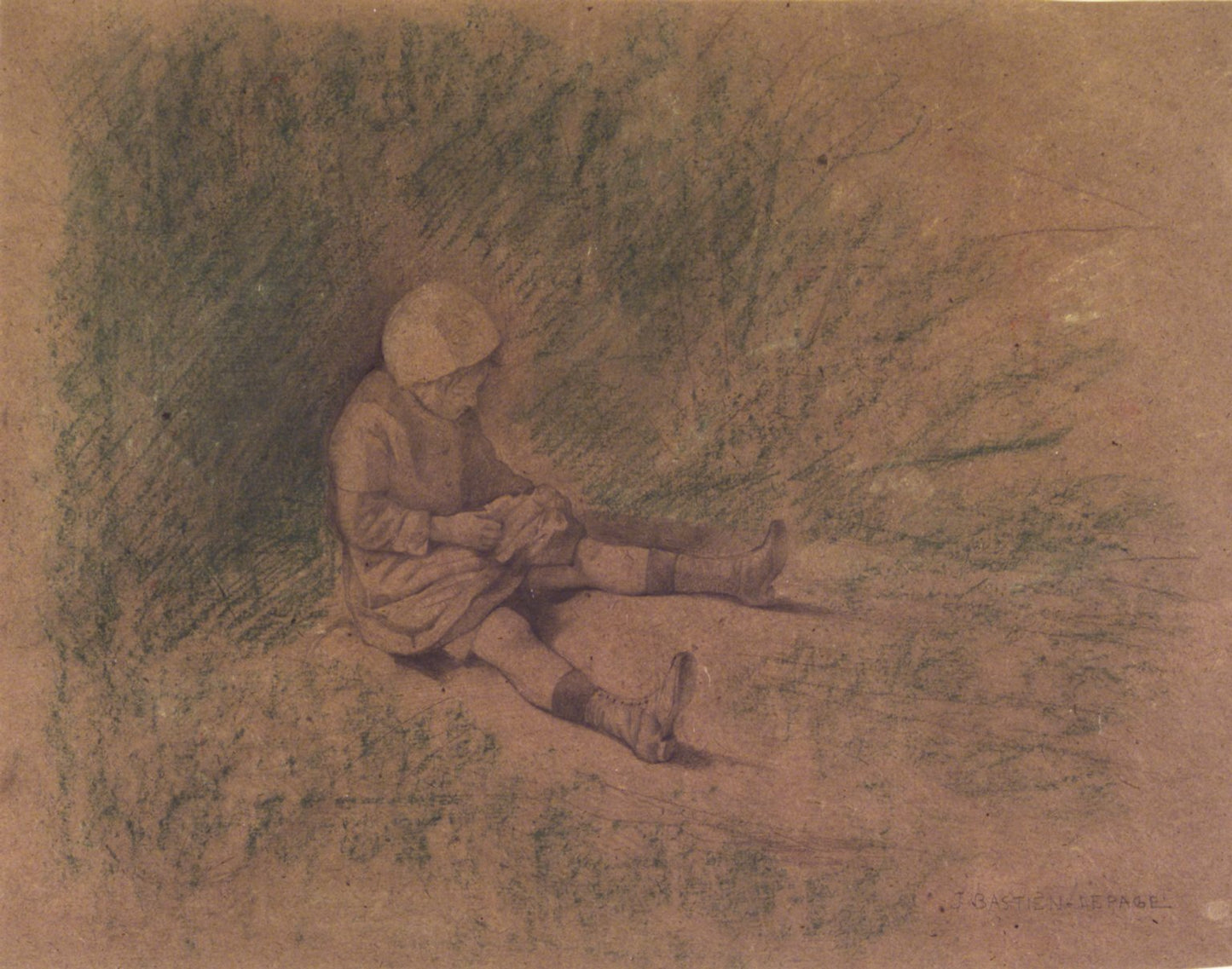 Girl Seated in the Grass (Petite fille assise), vintage artwork by Jules Bastien-Lepage, 12x8" (A4) Poster