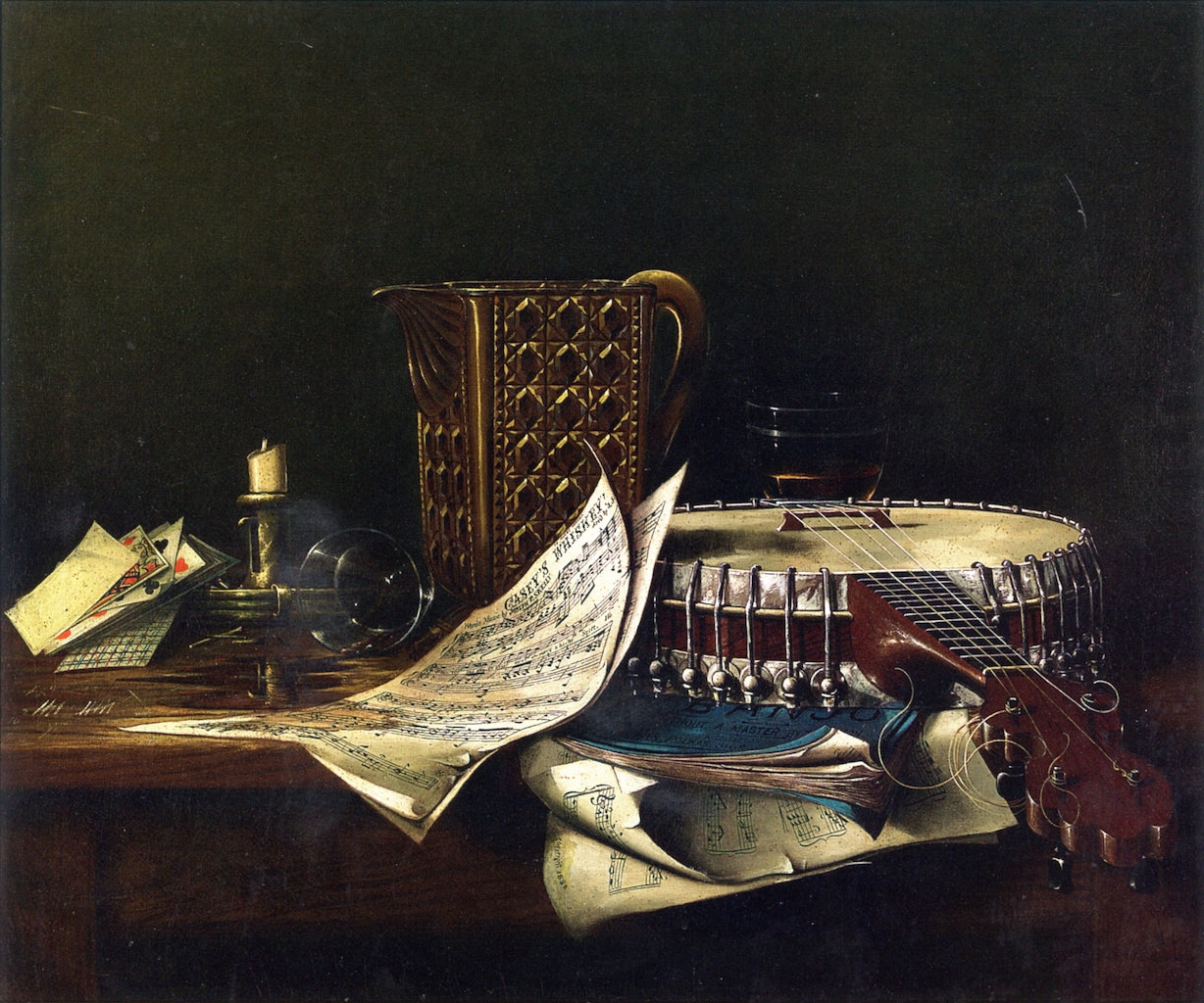 A Still Life: Banjo, Book and Cards, vintage artwork by Attributed to Thomas H. Hope, 12x8" (A4) Poster