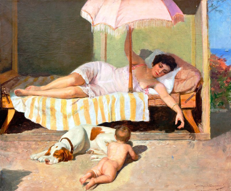Sunbathing, vintage artwork by Nikolai Bodarevsky, 12x8" (A4) Poster