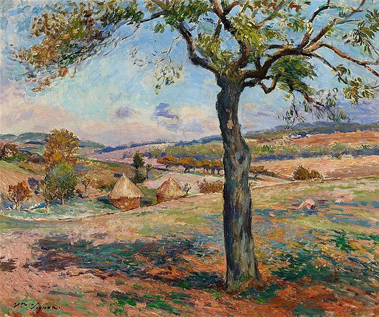 Summer Landscape in Provence with Olive Tree and Haystacks, vintage artwork by Victor Vignon, 12x8" (A4) Poster