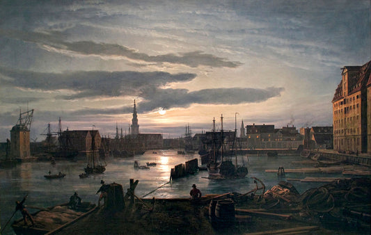 Copenhagen by  Night, vintage artwork by Johan Christian Claussen Dahl, 12x8" (A4) Poster