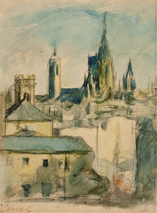 View of Barcelona with the Cathedral, vintage artwork by Ricardo Canals y Llambi, 12x8" (A4) Poster