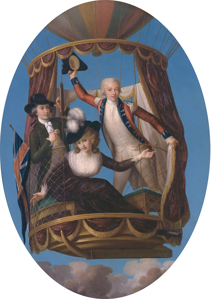 Captain Vincenzo Lunardi with his Assistant George Biggin, and Mrs. Letitia Anne Sage, in a Balloon, vintage artwork by John Francis Rigaud, 12x8" (A4) Poster