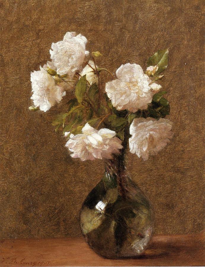 White Roses in a Vase, vintage artwork by Victoria Fantin-Latour, 12x8" (A4) Poster