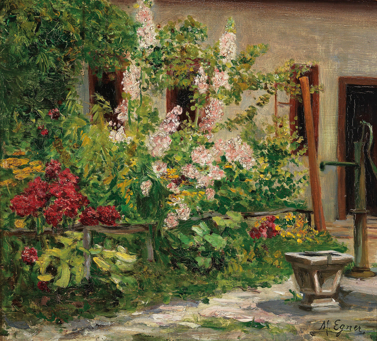 Front Garden with Blossoming Hollyhocks, vintage artwork by Marie Egner, 12x8" (A4) Poster