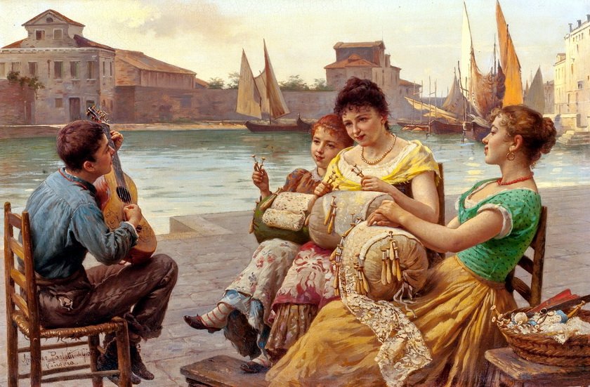 A serenade for the lacemakers, vintage artwork by Antonio Paoletti, 12x8" (A4) Poster