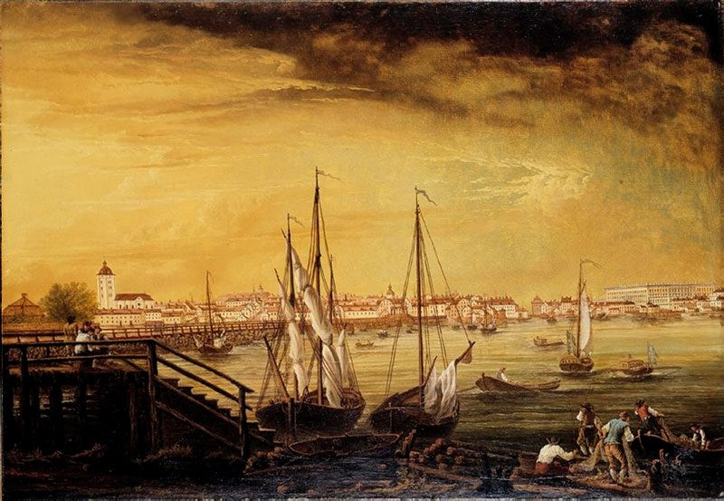 View of Kungsholms Bridge, Clara Church and the Royal Castle, vintage artwork by Johan Sevenbom, 12x8" (A4) Poster