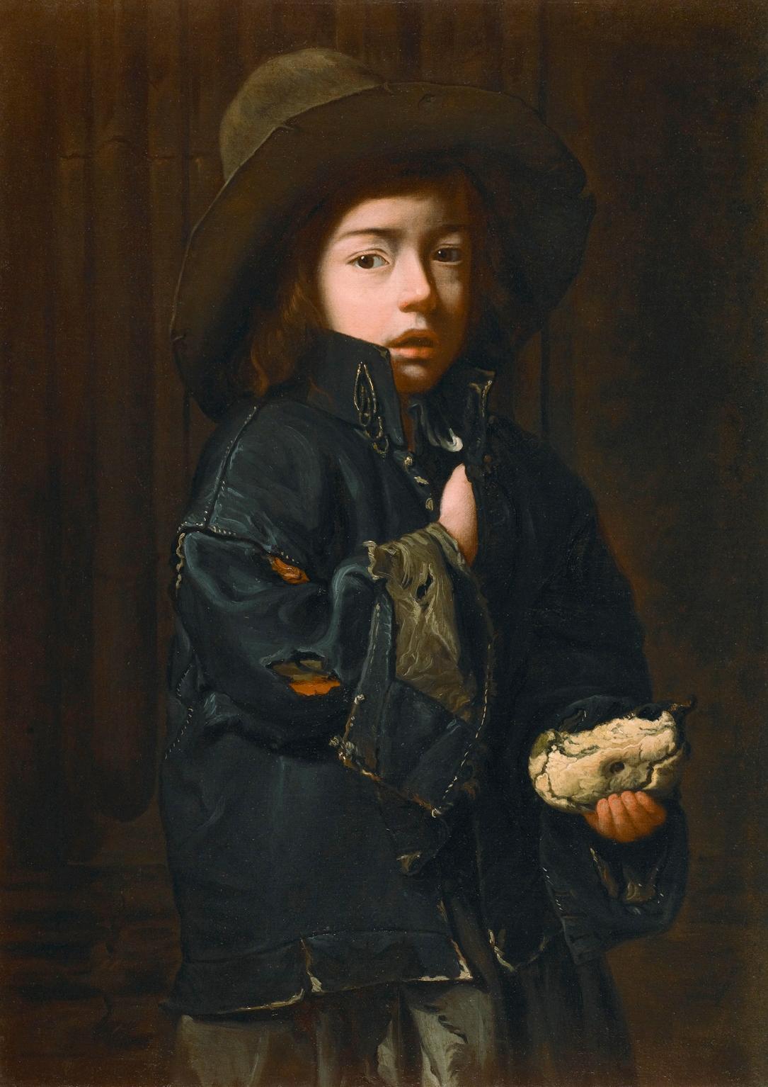 Beggar Boy with a Piece of Pie, vintage artwork by Maestro della tela Jeans, 12x8" (A4) Poster